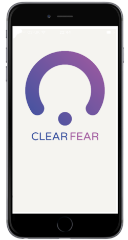 An image of a smartphone with the ClearFear app logo on the screen. The app offers help with anxiety and panic.